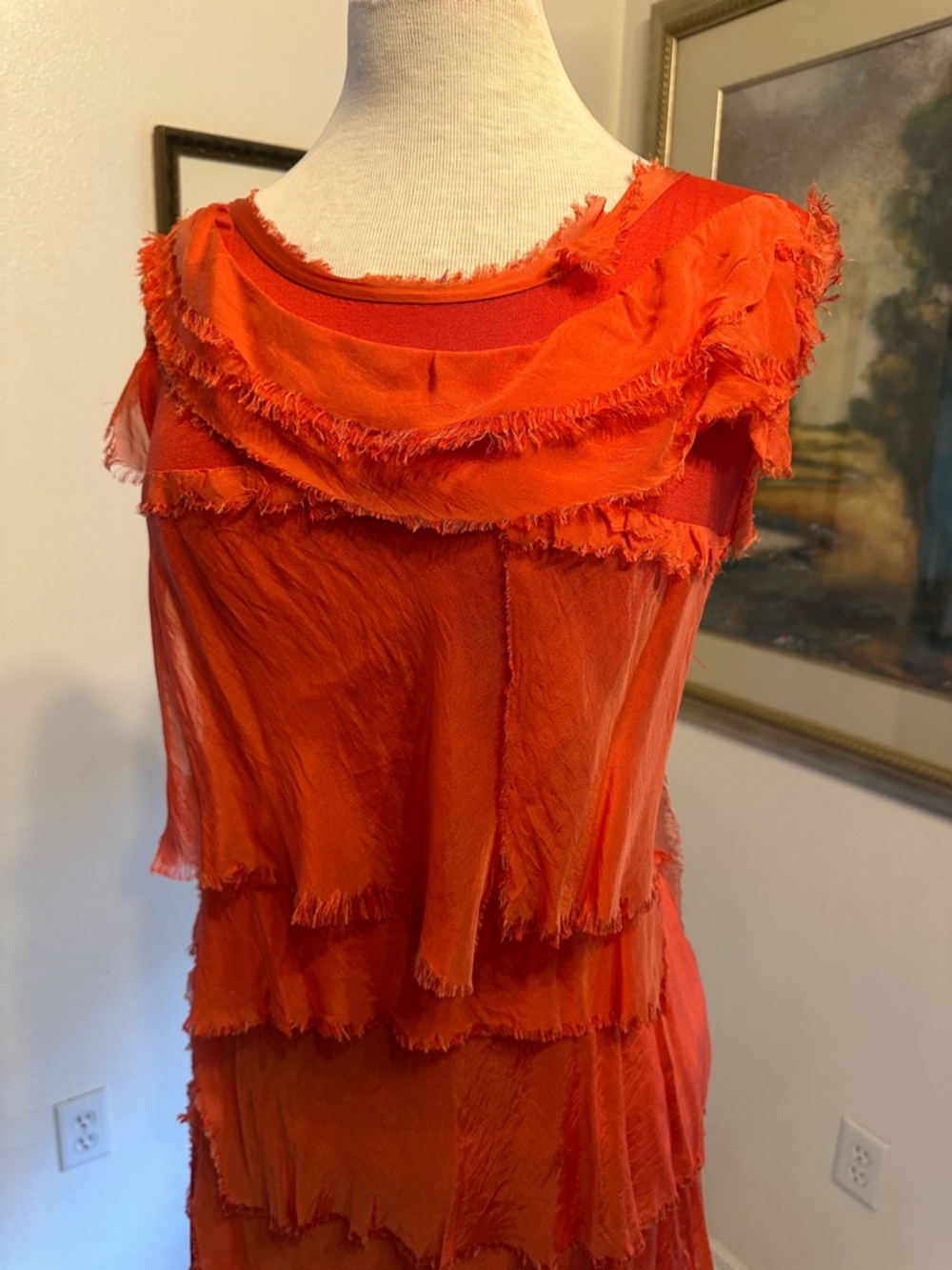 Made in Italy Coral-Orange Tiered Fringe 100% Silk Dress Size Medium - Picture 3 of 9